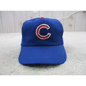 VINTAGE Chicago Cubs Hat Cap Snap Back Mens Blue Red Trucker Mesh Baseball USA